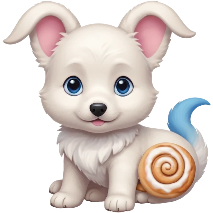 a shy but friendly white puppy with long ears that let him fly, blue eyes, pink cheeks, and a tail shaped like a cinnamon roll emoji