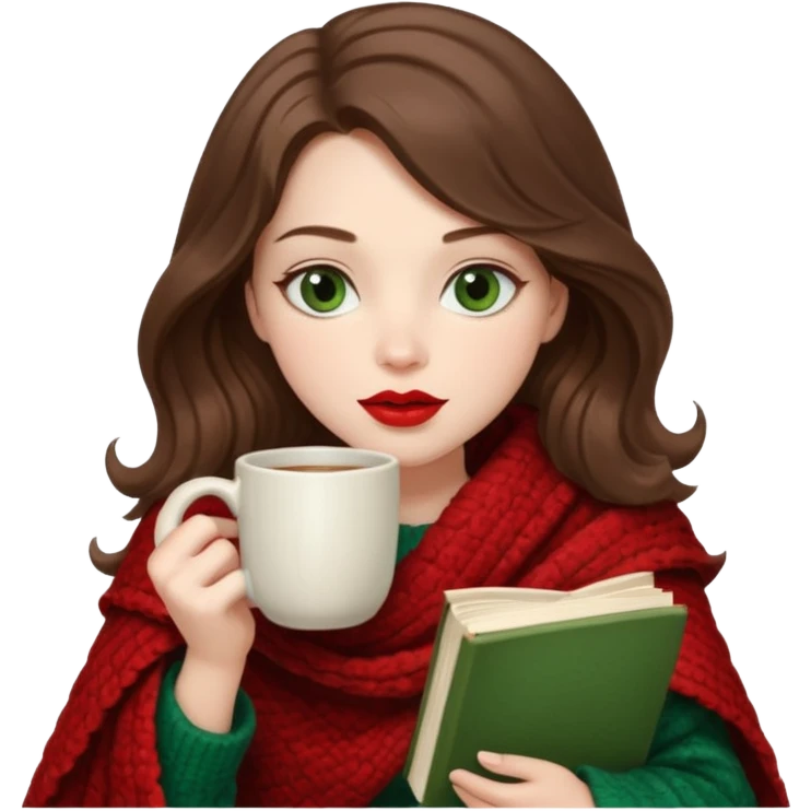 Long wavy brown haired, white skinned, dark green eyed girl with red lipstick wrapped in a blanket, sipping tea and reading a book emoji