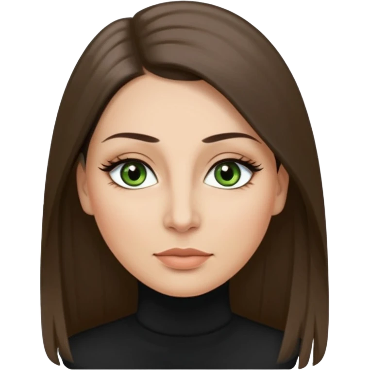 40 year old Adult woman avatar, light skin tone, oval face, long straight ashy brown hair, green almond-shaped eyes with dramatic eyelashes and minimal eyeliner, neutral mouth, medium straight eyebrows, small nose, smooth skin emoji