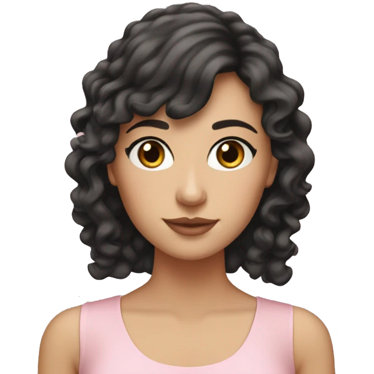 White woman with long black curly hair and bangs and dark brown eyes, wearing a pastel pink dress emoji
