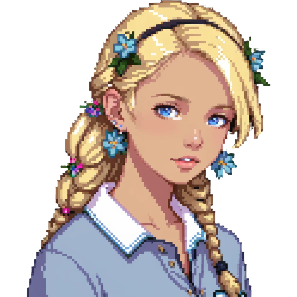 preppy coastal teen girl with blue eyes, beach blonde hair, tan skin, small flowers in her ear, preppy beach outfit emoji