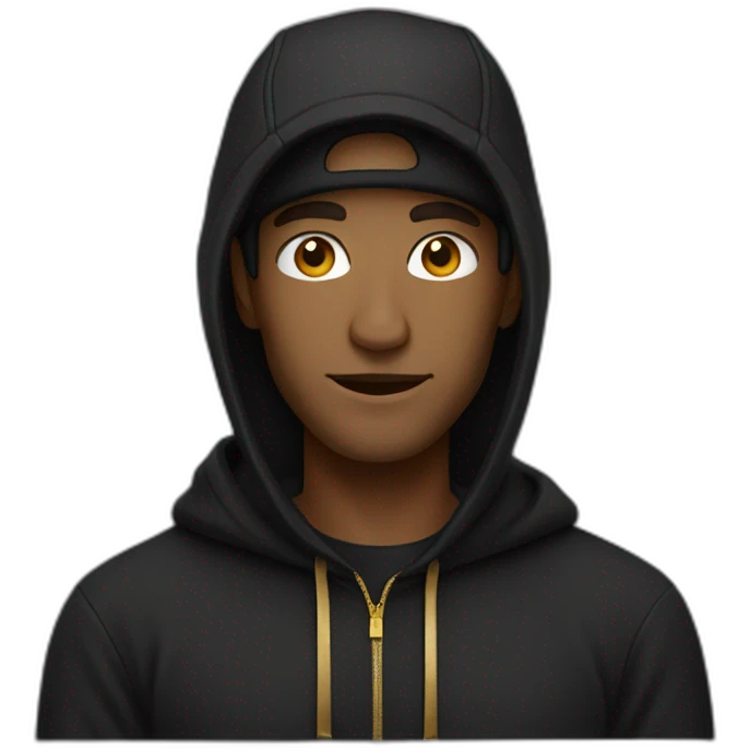 Man in cap and black hoodie with gold text emoji