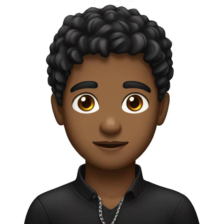 A brown skinned boy with an edgar and black coloured hair and brown eyes and a black shirt with a silver chain around his neck emoji