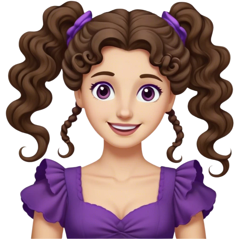 Femme aux cheveux longs et bruns, attachés en une queue-de-cheval haute et bouclée. Une mèche retombe sur son front. Elle porte une robe violette de style antique et a un sourire espiègle. emoji