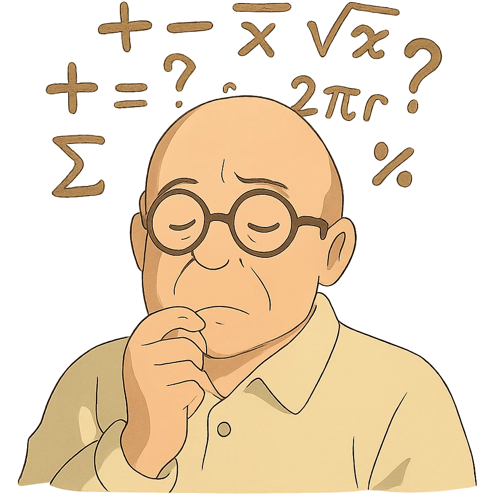 bald man with glasses, thinking, math symbols floating above his head emoji
