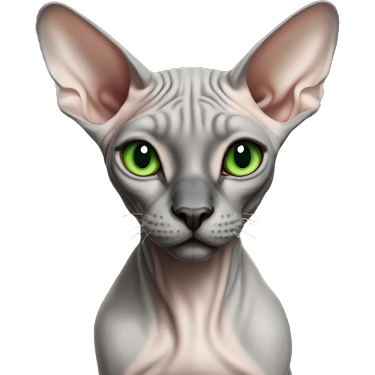 grey sphynx cat with green eyes and black nose emoji