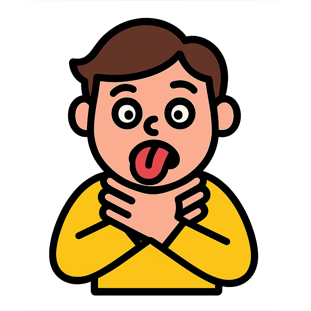 person pretending to choke themselves in a slapstick, exaggerated way, silly face, tongue out, comical hands on neck, vibrant colors emoji