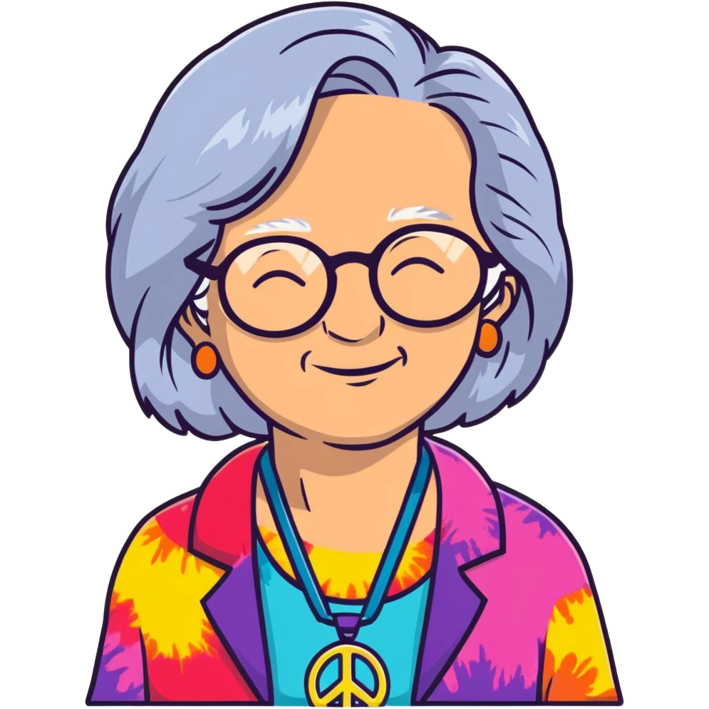Elderly woman with long gray hair, peace sign necklace, colorful tie-dye clothing, round glasses, hippie grandma with a relaxed smile emoji