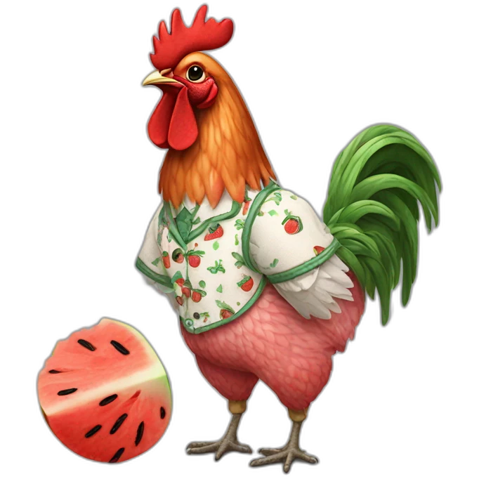 A COCKEREL IN AN EMBROIDERED SHIRT WITH A WATERMELON IN HIS HANDS emoji