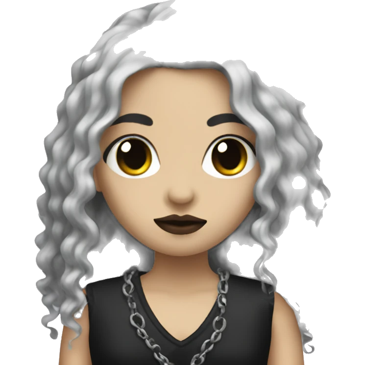 Goth girl with black eyes and a long black curly mullet emoji