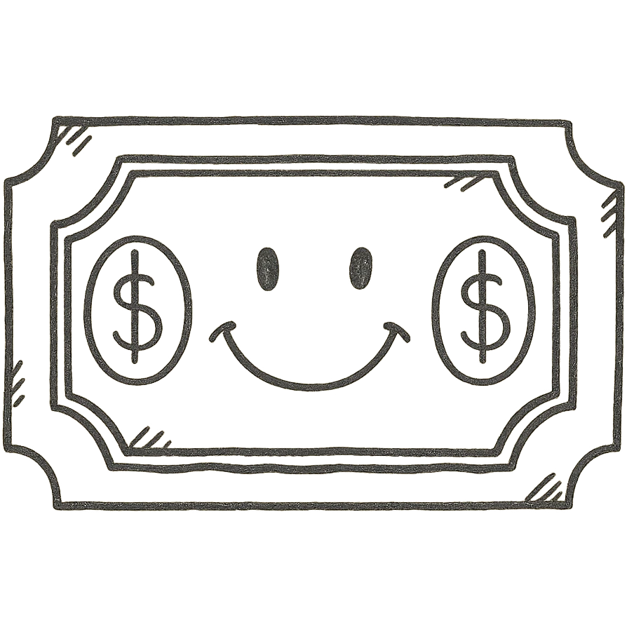 rectangular ticket icon with cut corners, details inspired by dollar bill, smiling emoji