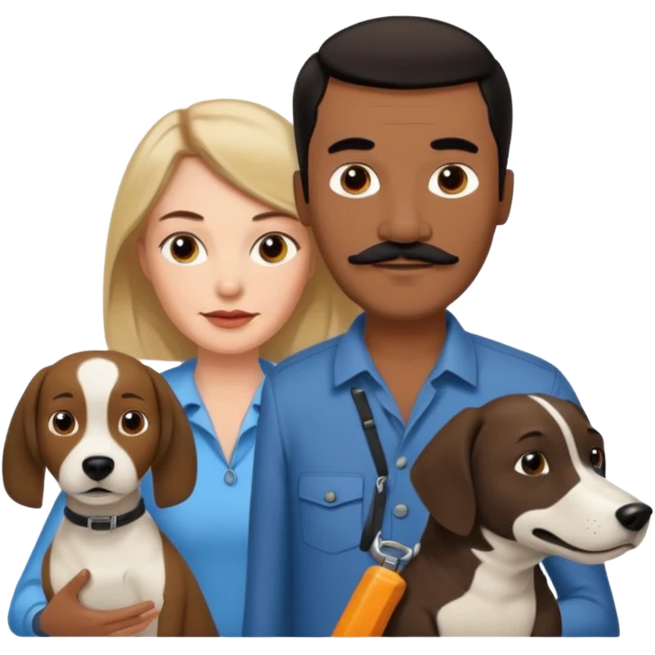 Quiero a una mujer blanca  con el pelo por el hombro lacio castaño claro con un hombre morochito con el pelo negro y bigote, y un perro blanco tipo perro cabeza de martillo emoji