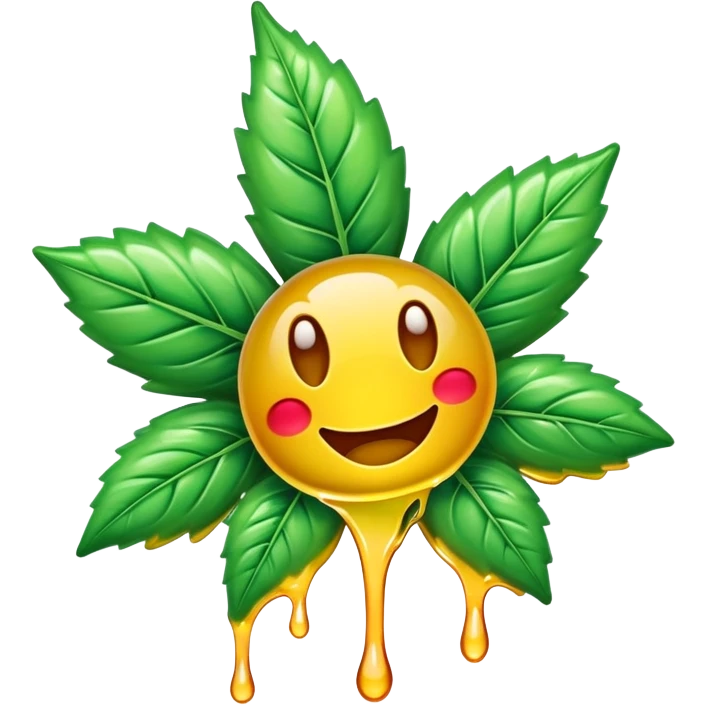 generate an emoji-style image of a juicy gummy shaped like a marijuana flower, make it colorful and with liquid dripping out emoji