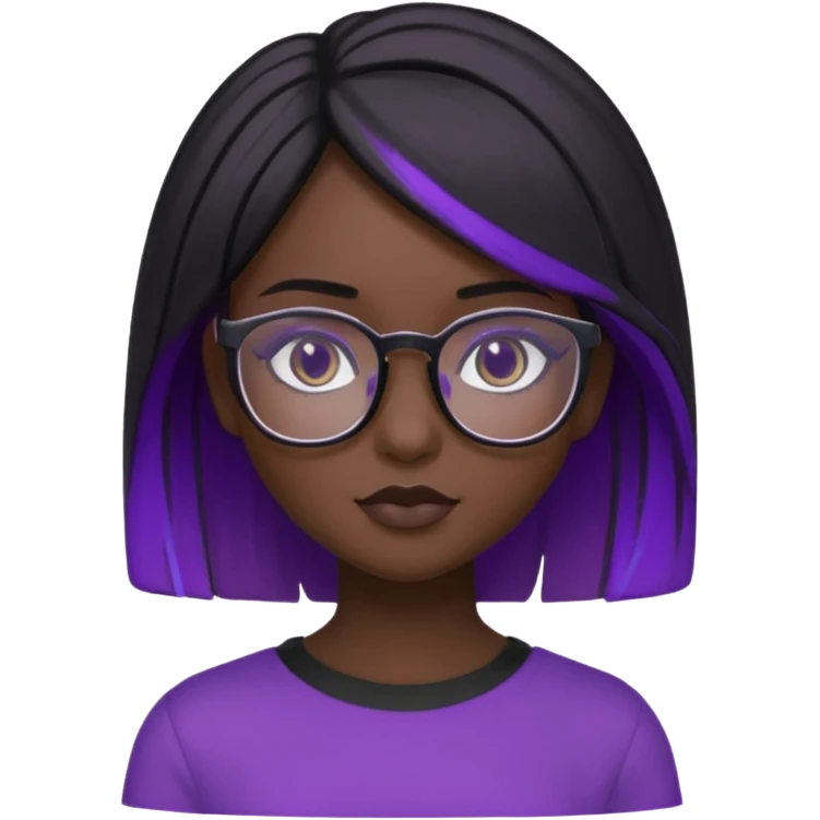 chica bonita con ligero cabello negro con rayas moradas que llega hasta los hombros con lentes cuadrados de estatura pequeña con ropa negra con otro estilo de cabello emoji