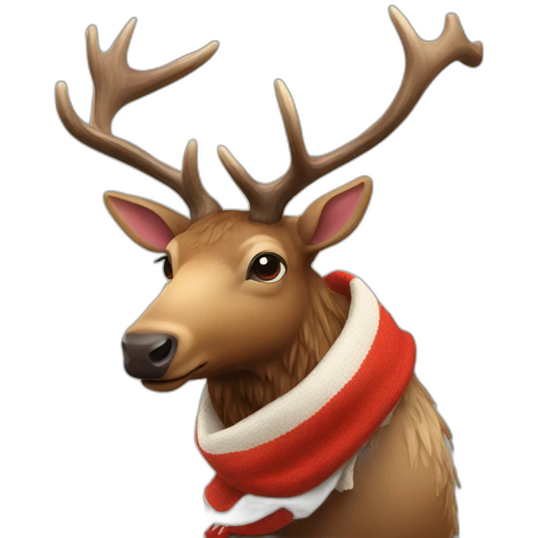 An elk wearing a scarf that is striped red and white emoji