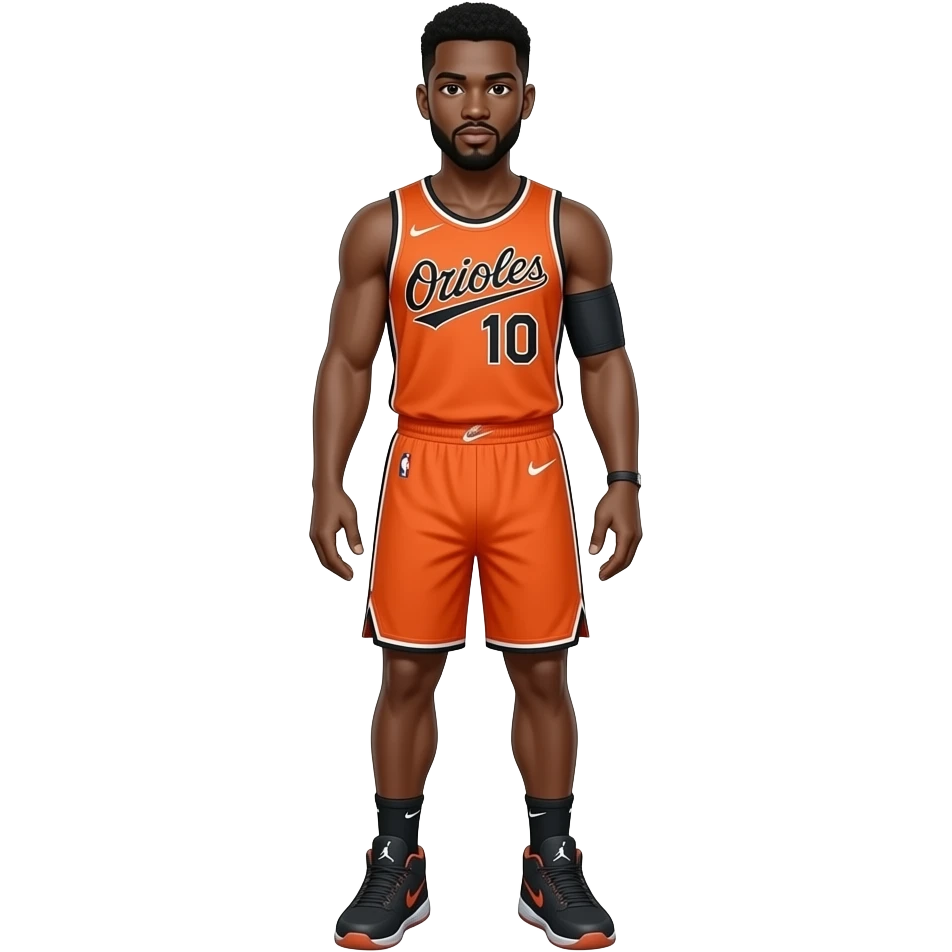 make a 22 black man in all orange basketball jersey and the jersey says orioles wearing number 10 with orange shorts and nike ja 3 basketball shoes with nike socks with good muscles emoji