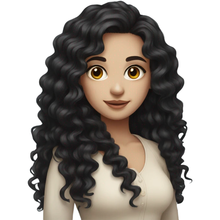 Beautiful girl, long black hair, curly hair, deep brown eyes, pale skin emoji