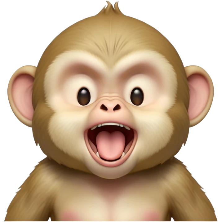 Cinematic Cute Yawning Macaque Portrait Emoji, Head tilted slightly with a dramatic, wide-open yawn, showcasing a gently textured face with half-closed, sleepy eyes and an open, relaxed mouth, Simplified yet irresistibly adorable features, highly detailed, glowing with a soft, cozy glow, high shine, relaxed yet expressive, stylized with a dash of whimsical charm, soft glowing outline, capturing the essence of a drowsy yet affectionate primate that appears ready to stretch out for a nap! emoji