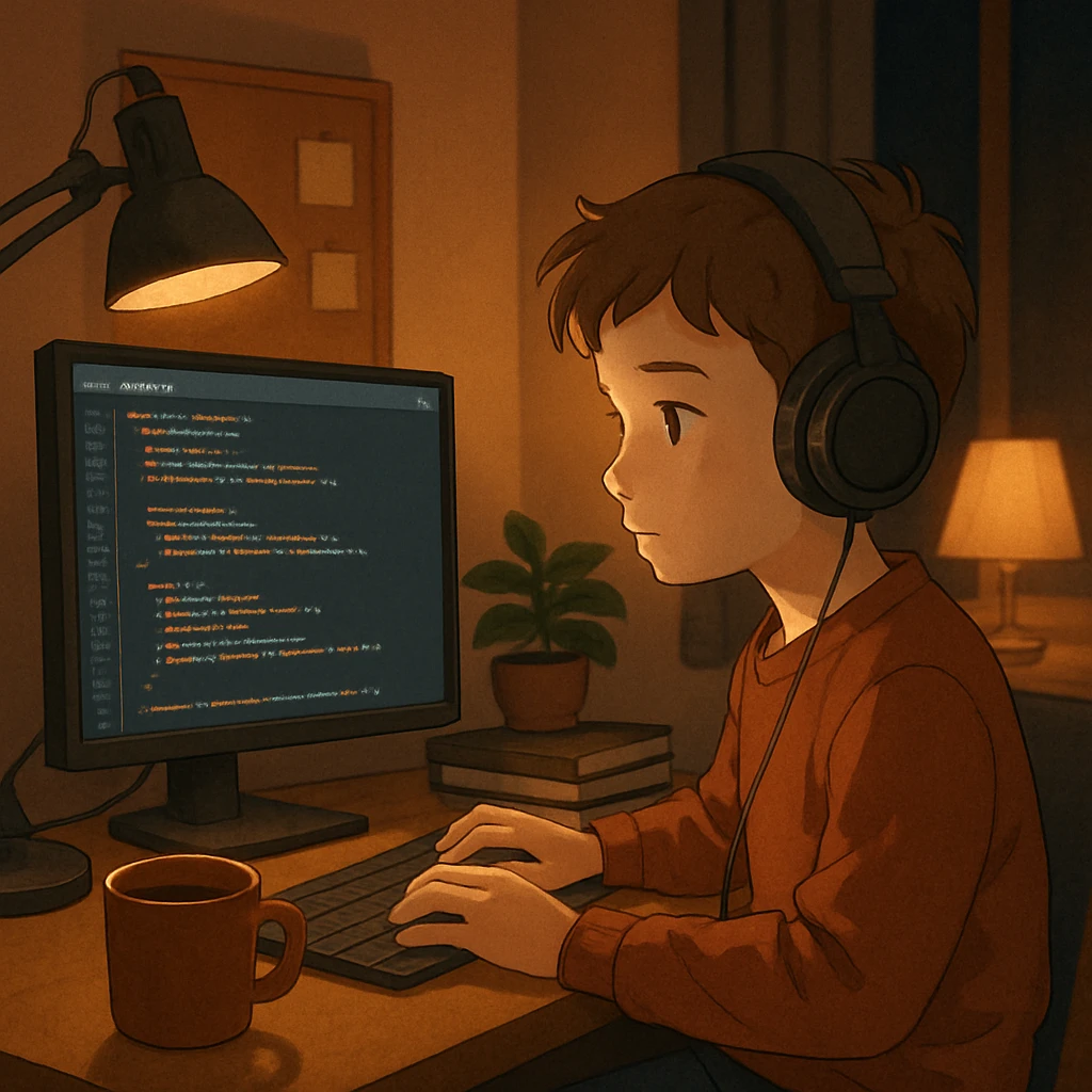 a boy with headset, focused on coding, cozy desk setup with coffee mug and ambient lighting, warm and comfortable atmosphere emoji
