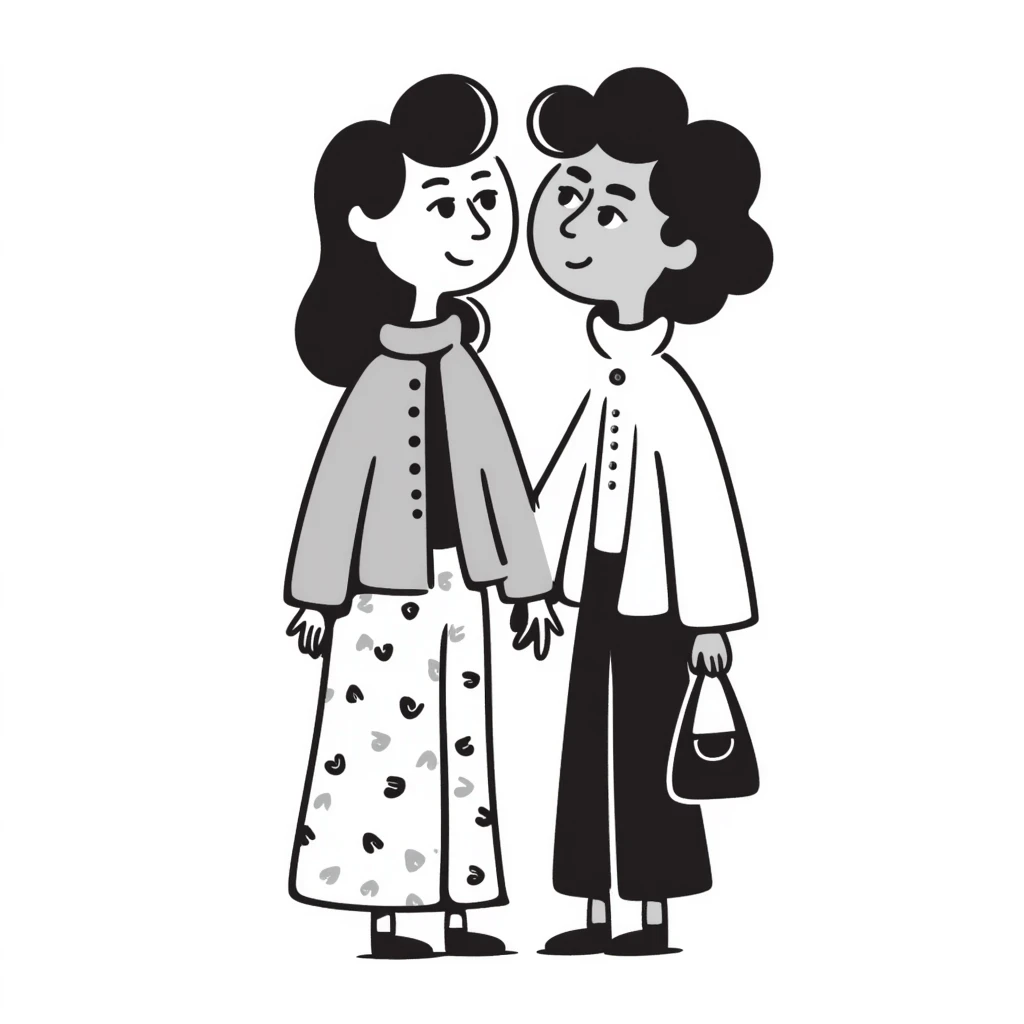 two women standing together, hand drawn illustration, simple emoji