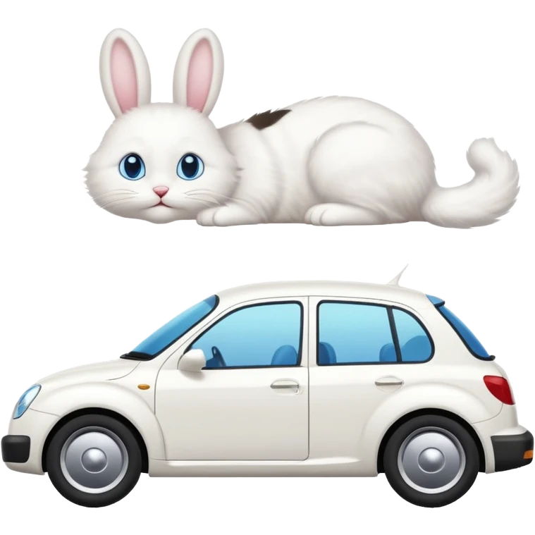 Please create a small emoji the size of 🚗 featuring a pure white cat with bunny tail with blue eyes on a white saloon car viewed from side. Again it is necessary that the emoji must be extremely small, much smaller than a standard sized sticker. emoji