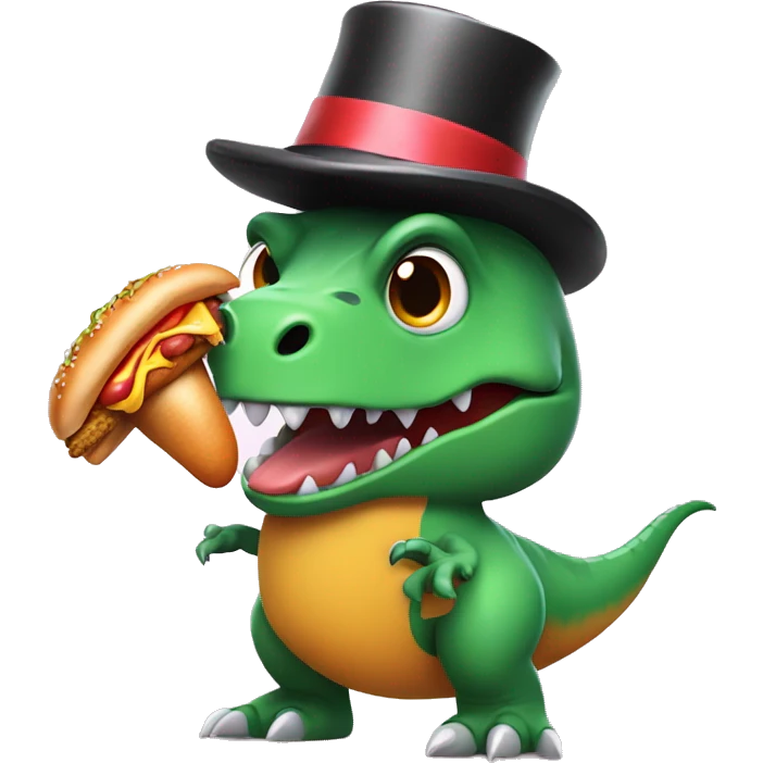 T-Rex wearing a hotdog costume , and a top hat holding a chicken emoji