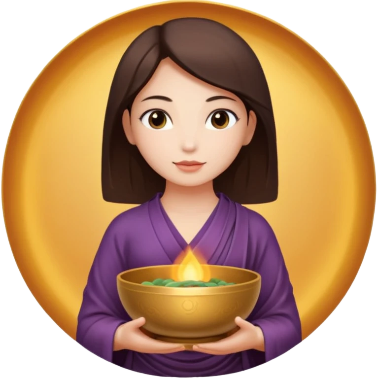 A woman  holds a Buddhist bowl in her hands. There is a glow around the girl. emoji