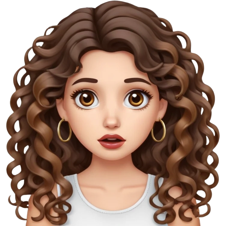 cute girl with not volominous VERY LONG curly/wavy brunette hair with balayage, brown eyes, full lips, cute makeup and hoop earrings white girl: shocked face emoji