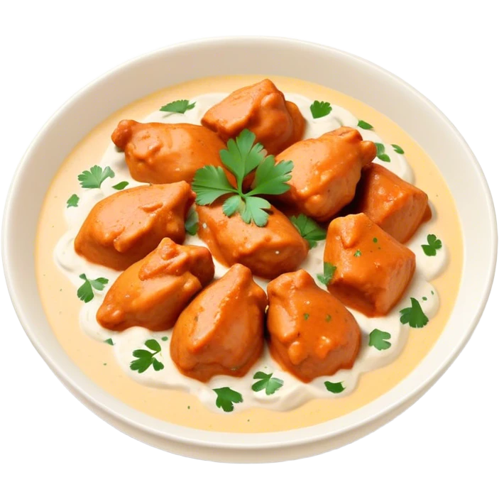Butter Chicken Cinematic Realistic Butter Chicken Dish Emoji, depicted as tender chicken pieces sliced up and bathed in a creamy white sauce garnished with fresh cilantro, rendered with rich textures and vibrant, appetizing lighting. emoji