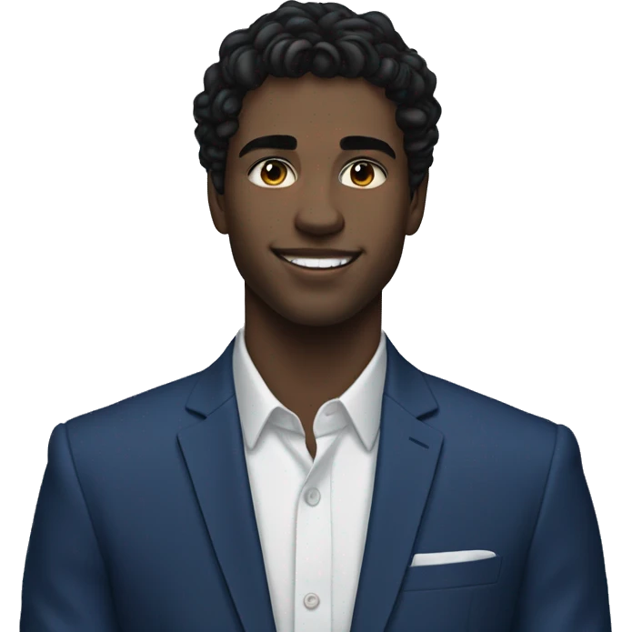 26 year old male portrait, small yes, black wavy hair, blue suits, class, white skin emoji