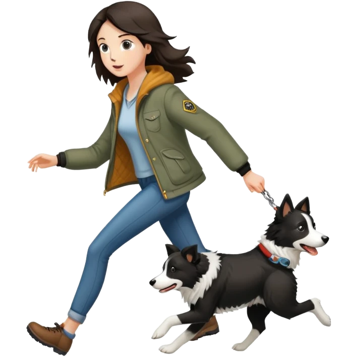A beautiful tall girl with fair skin wearing a jacket chasing a Border Collie emoji