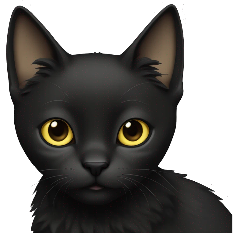 One petite, solid black furred cat. Light yellow eyes. Pointed ears like a lynx cat. Fully body black and no other color markings. Facing forward and standing with ears slightly tilted. emoji