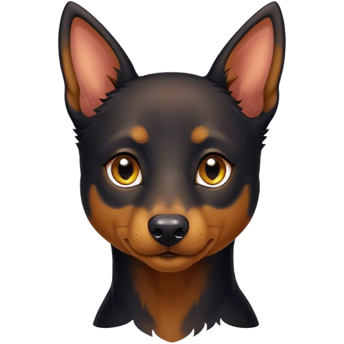 Cinematic Noble Black and Tan Kelpie Portrait Emoji, Poised and regal, with a strong, agile build and a glossy, well-groomed Fur of deep black and tan accents, piercing dark eyes, Simplified yet sharp and sophisticated features, highly detailed, glowing with a soft, dignified glow, high shine, intelligent and energetic, stylized with an air of determination, focused and attentive, soft glowing outline, capturing the essence of a watchful and confident herder, so majestic it feels as though it could bound out of the screen with effortless authority! emoji