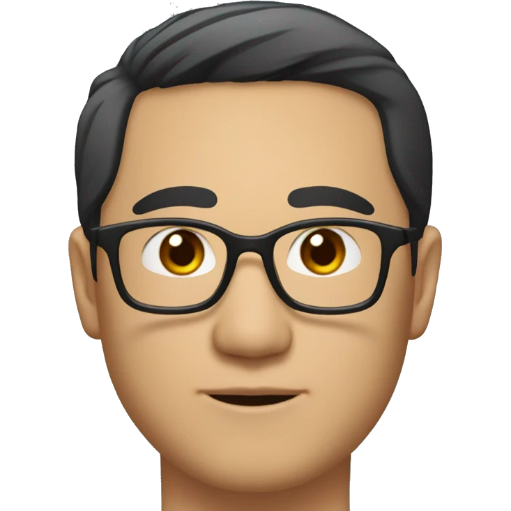 A head and shoulders shot of a 37 year old Asian man, with short black hair,  wearing glasses with brown eyes wearing a t-shirt. emoji