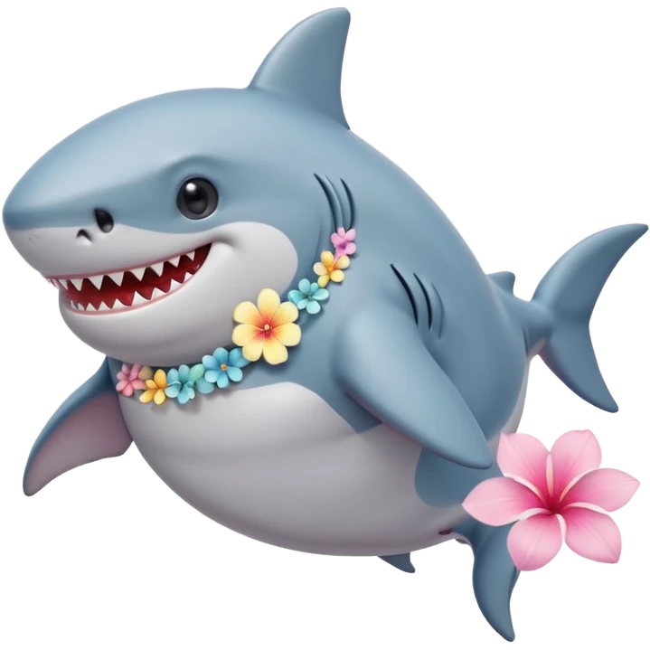 A cute chubby shark with hawaii pastel flower necklace, posing proudly. emoji