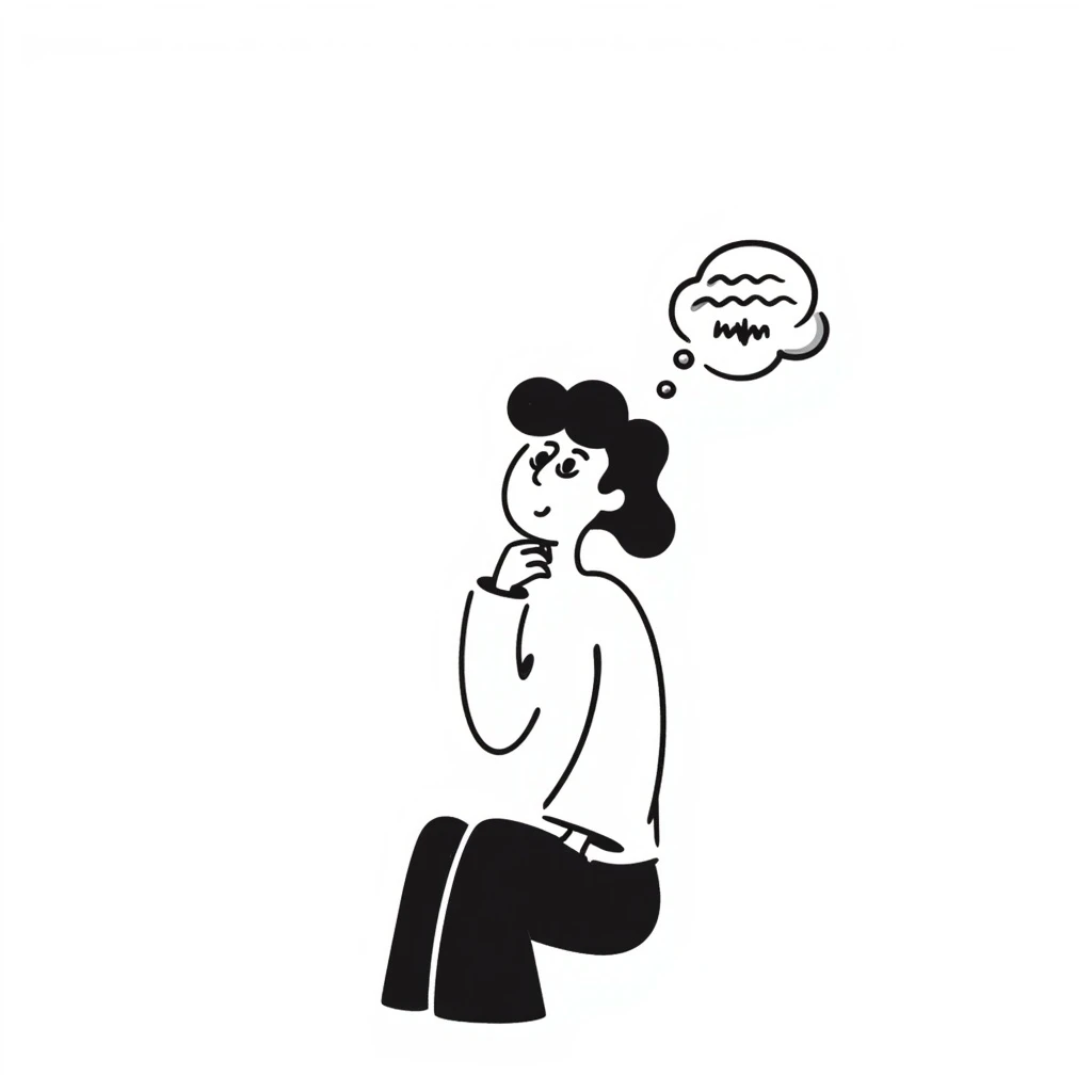 notion-style black doodle of a person sitting and thinking, thought cloud, sketchy lines emoji