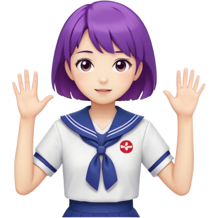 Anime girl with short bright purple hair wearing Japanese sailor style school uniform, composed posture with hand on hip but shyly waving with other hand, blushing face and timid smile emoji