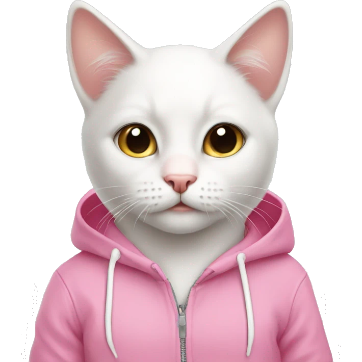 White cute cat wearing pink hoodie emoji