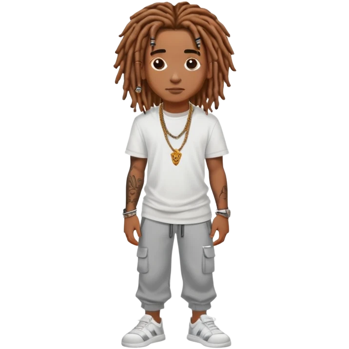 Brown skin darker skin black boy with dreadlocs, straight and shoulder length locs, with tattoos and stud earrings and ginger/brown hair wearing white tee and grey sweatpants , a chain, and slides  emoji