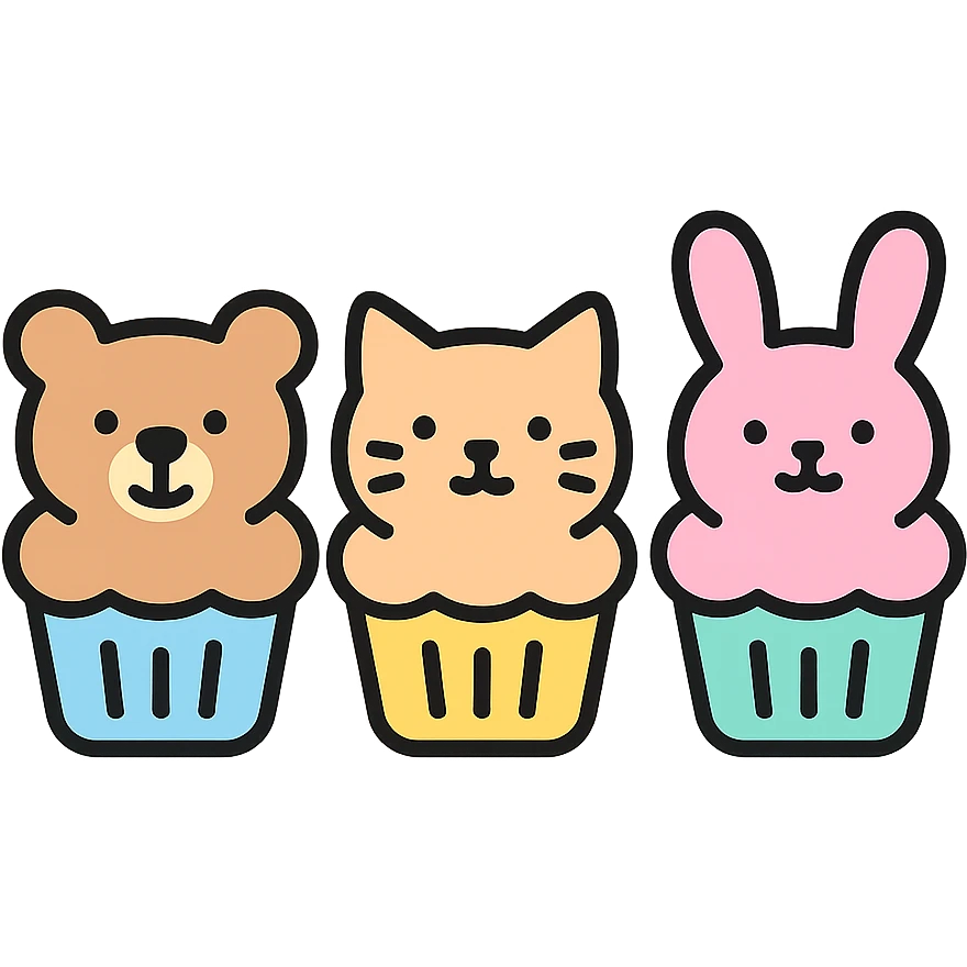 mini cupcakes with animal faces of bear, cat, and rabbit, soft pastel tones, lineal color icon with black outlines, transparent background emoji