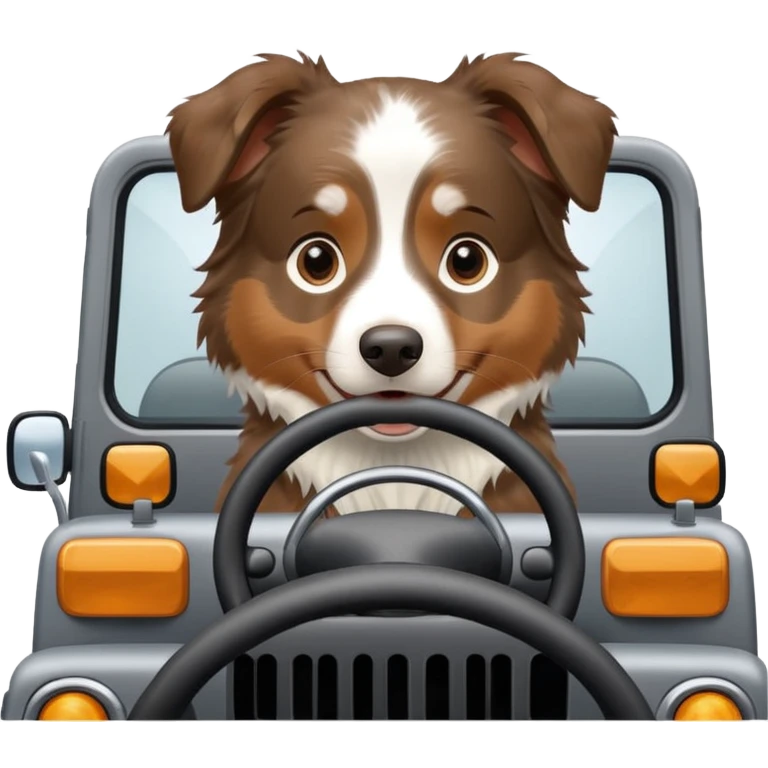 Australian Shepherd driving a gray jeep emoji