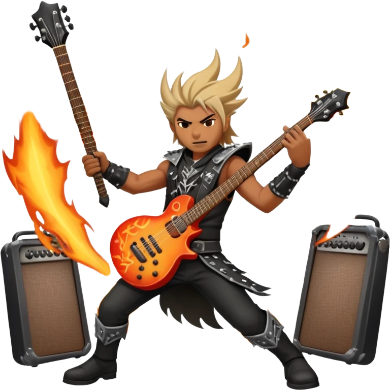 An icon showing a rock musician wielding a guitar in an epic battle, inspired by Brutal Legend. The design features fiery backgrounds, musical notes floating in the air, and electrifying stage lights, capturing the power of music and combat. Transparent background highlights the energy. emoji