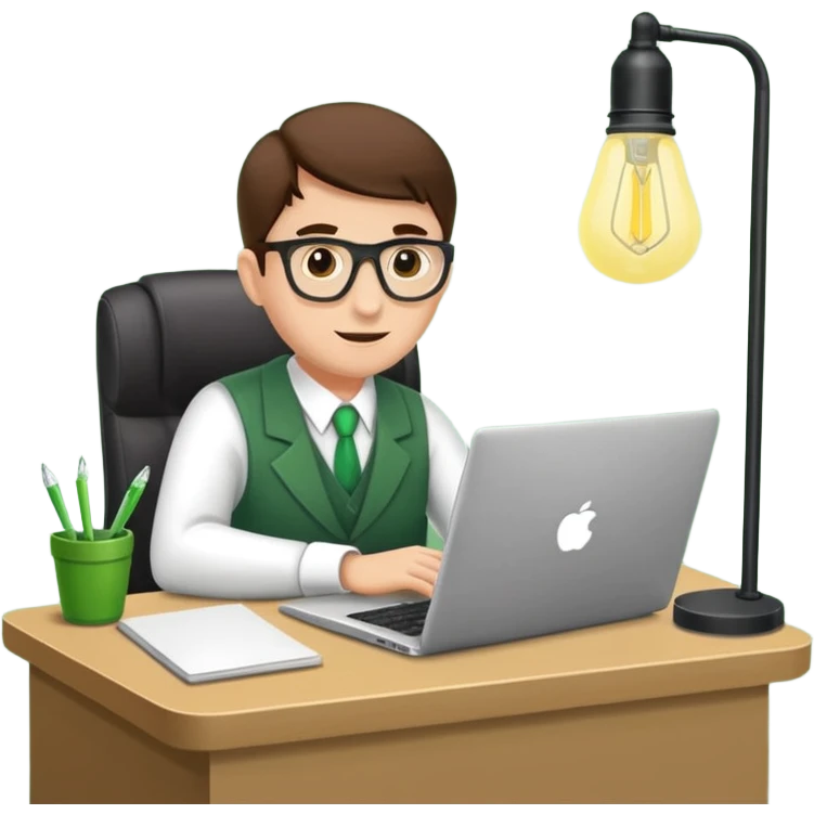 Mach mir einen Trader mit Anzug der mit seinem Laptop am schreibtisch sitzt mit so einer alten grünenlampenschirm lampe emoji