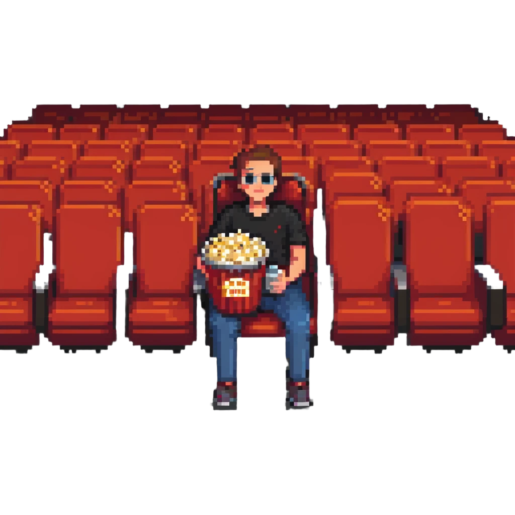 Pixel art person sitting in movie theater chair with popcorn bucket, watching big screen emoji