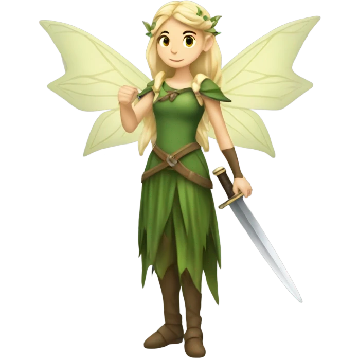 Female forest fairy, wings, pointed elf ears, blonde hair, vines, holding medieval sword emoji