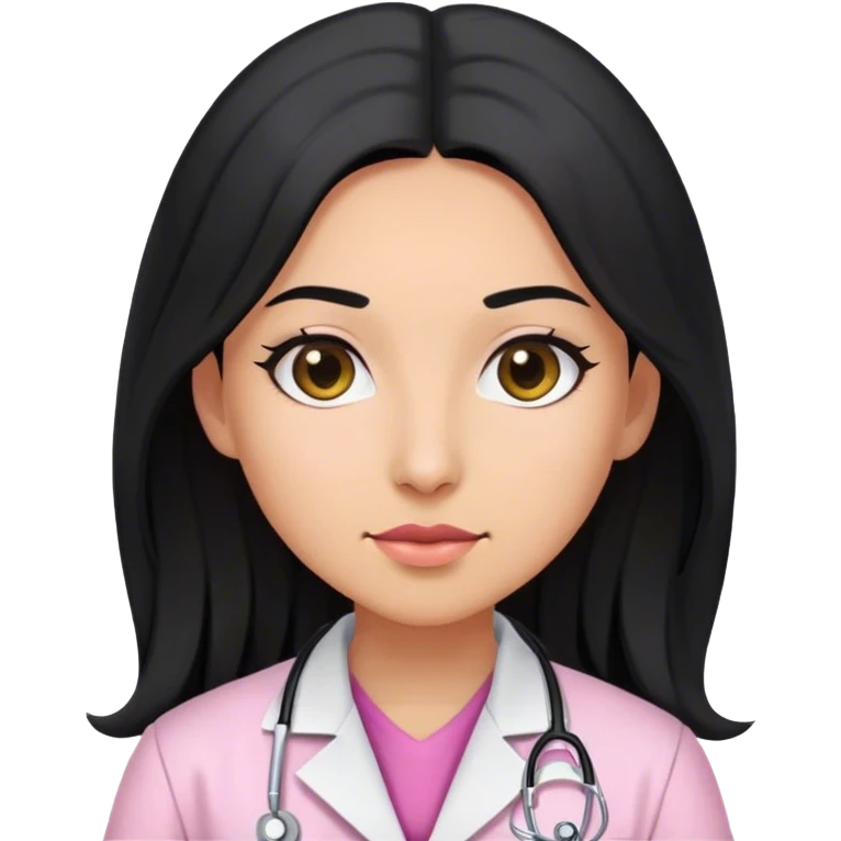 Female doctor wearing pink undershirt and lab coat with long black hair and olive skin emoji