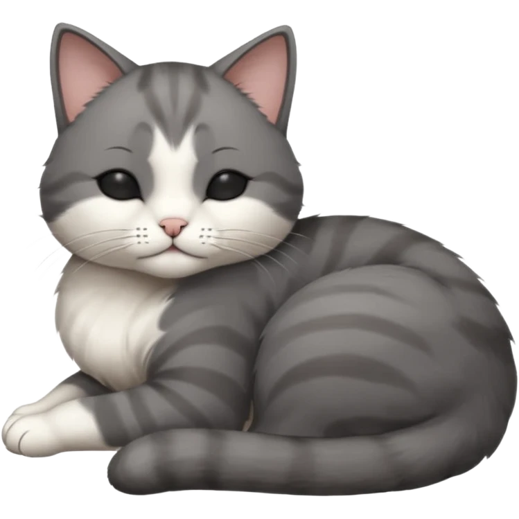 dark grey and white small cat with his eyes closed, leaning his head on his paw while leaning on his elbow lying down emoji