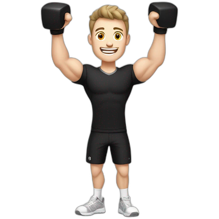 Joyful Celebrating victory Pale skinned Fit Man With the biceps and dark brown hair in black shirt, gray sports shorts and white Sneakers emoji