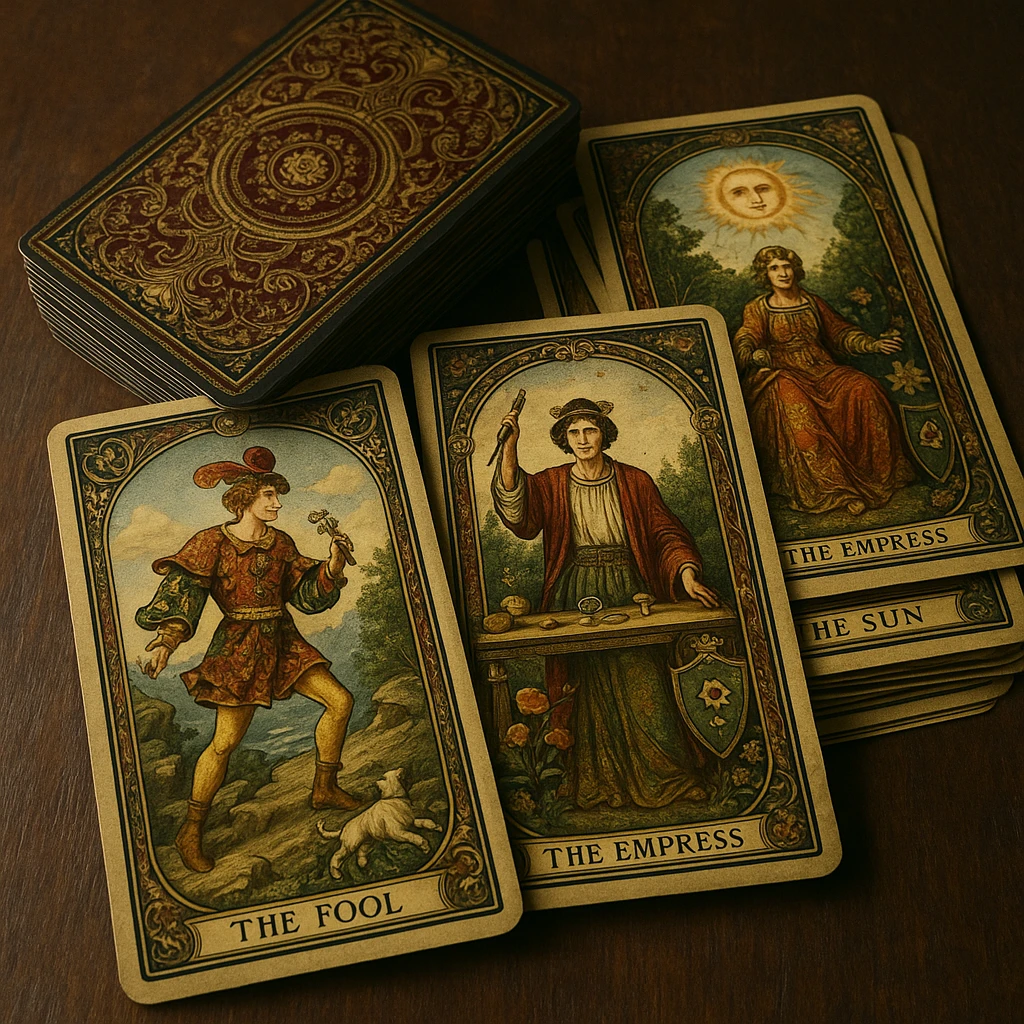 highly detailed tarot deck with decorative card backs, classic Victorian motifs, rich colors, cards stacked and slightly spread emoji