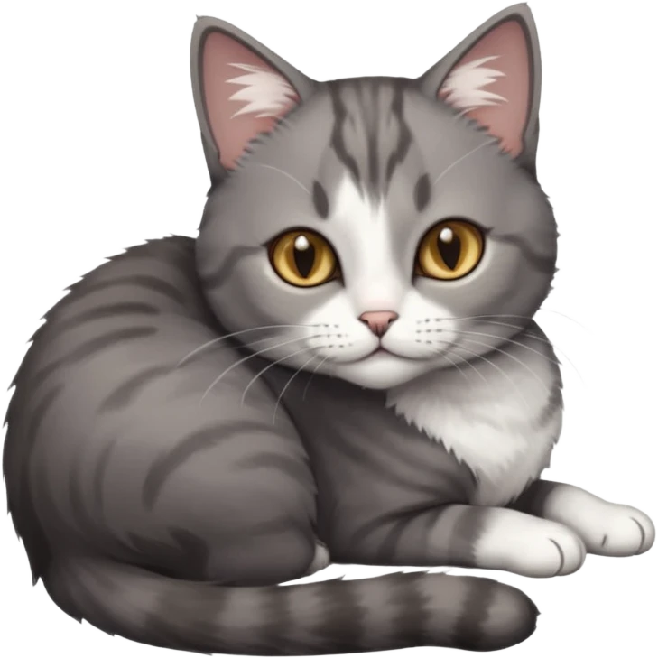 full body tiny short hair dark grey and white cat with hazel eyes lying down emoji